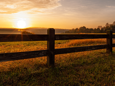 Close view of fence with field behind and sun rising in background
