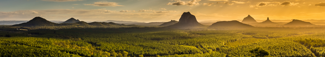 Panorama of the Glasshouse Mountains at sunset