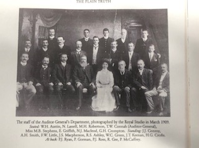 Staff of Auditor-General Department, Queensland, March 1909. This photos includes Miss M.B.Stephens, the Departments first female employee. 