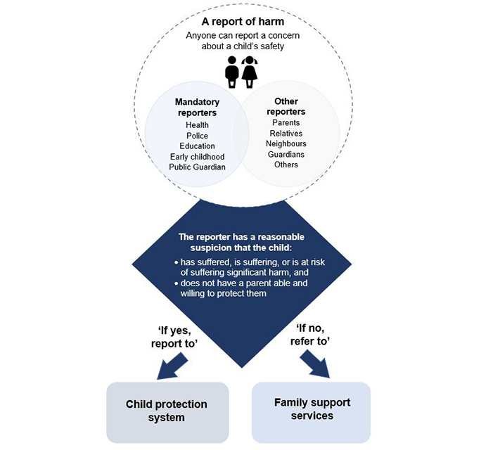 Image shows the two reporting pathways that mandatory and other reporters can take, to either the child protection system or family support services