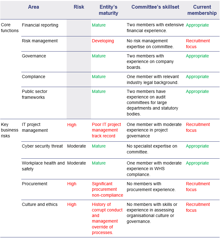 Table showing the area, risk, entity's maturity, committee's skillset and current membership, against core functions and key business risks