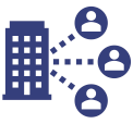 Icon of a building linked by dotted lines to 3 icons of people