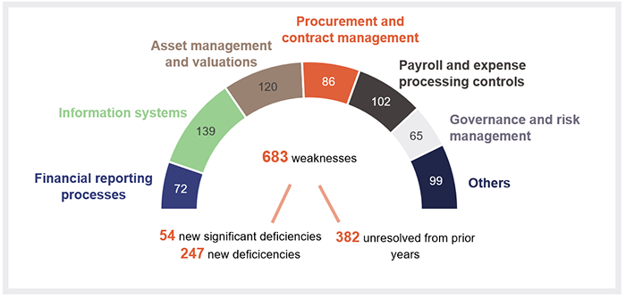 Internal control weaknesses: 72 financial reporting processes; 139 information systems; 120 asset management and valuations; 86 procurement and contract management; 102 payroll and expense processing controls; 65 governance and risk management; 99 others. 683 weaknesses where: 54 new significant deficiencies, 247 new deficiencies, 382 unresolved from prior years.
