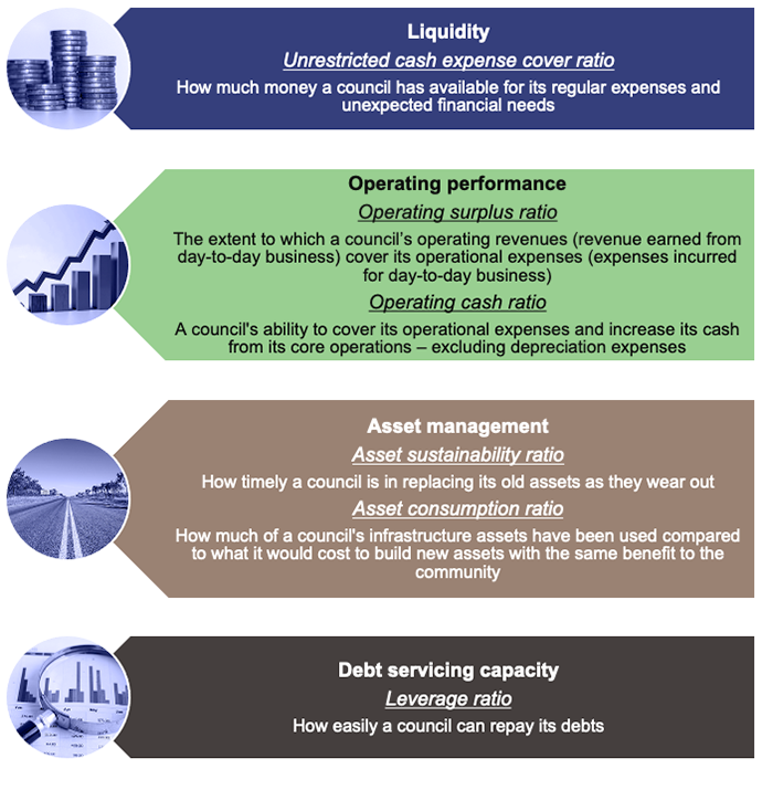 Infographic describing the financial sustainability measures that council report in their financial statements