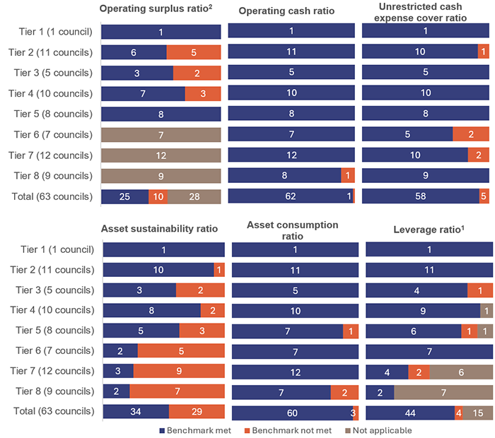Infographic showing the number of councils that have met or not met their financial sustainability measures based on a 5-year average3 for the year – by tier