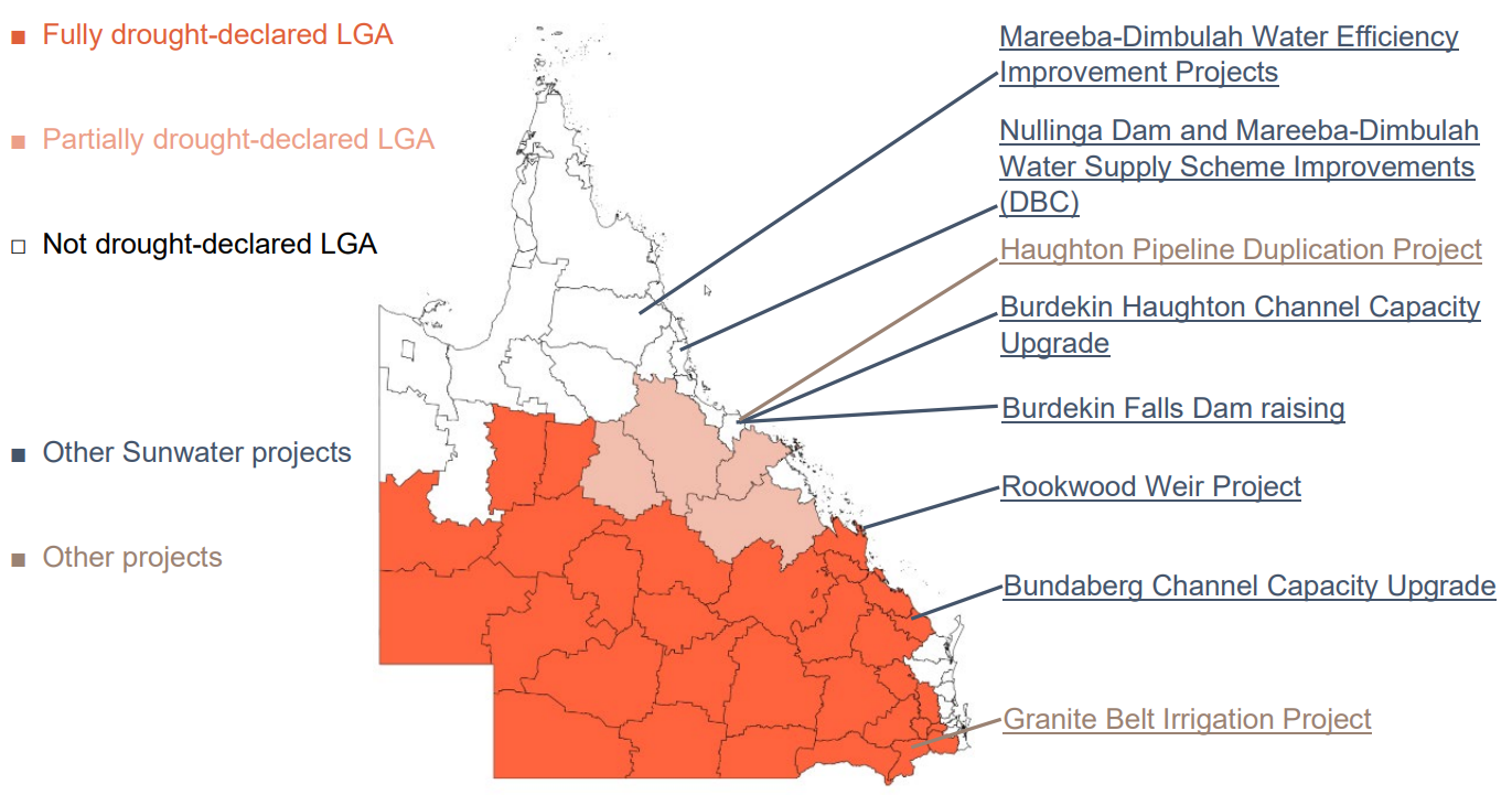 Map of Queensland showing drought declared areas and regional projects