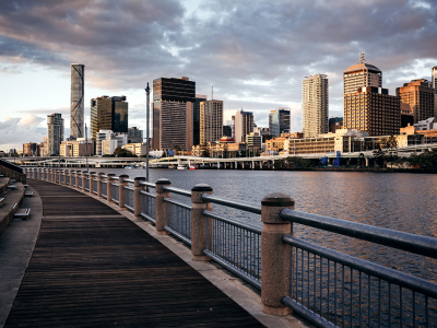 View of Brisbane CBD from the boardwalk along South Bank