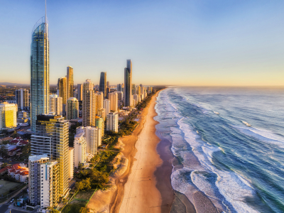 Aerial image showing the city and beach of the Gold Coast