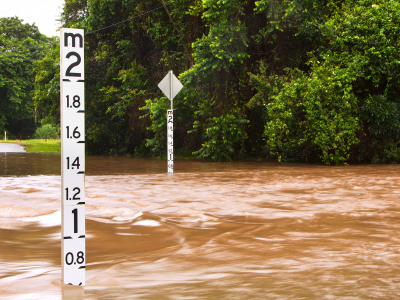 Flood marker in flood water, Brisbane