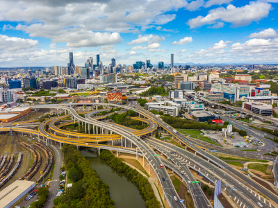 Image of a view of Brisbane city in the background, with the ICB interchange roads in foreground