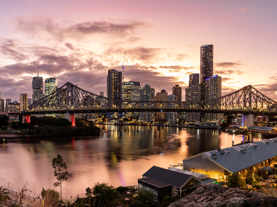 Image looking over Brisbane river and city at sunset