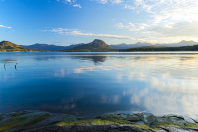 Still water of a lake showing the reflection of the sky