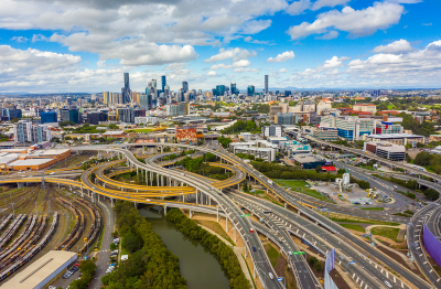 Image of a view of Brisbane city in the background, with the ICB interchange roads in foreground