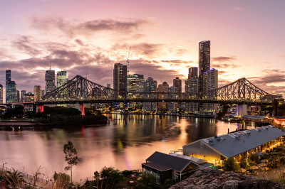 Image looking over Brisbane river and city at sunset