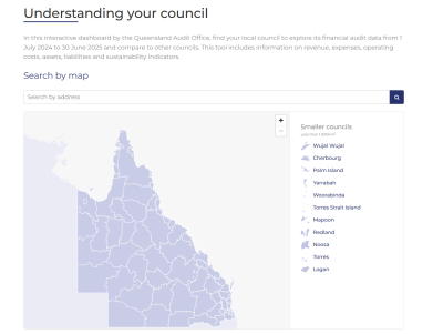 Image showing the front of the local government dashboard, which is a map of Queensland and the names of smaller-geographically councils.