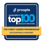 Badge with text saying Prosple, Australia's top 100 graduate employers, noting QAO as a top 5 organisation for Best career progression award in the accounting and advisory category.