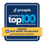 Badge with text saying Prosple, Australia's top 100 graduate employers, noting QAO as winner of the Best work-life balance award in the accounting and advisory category.