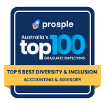 Badge with text saying Prosple, Australia's top 100 graduate employers, noting QAO as top 5 organisation in the Best diversity and inclusion award in the accounting and advisory category.